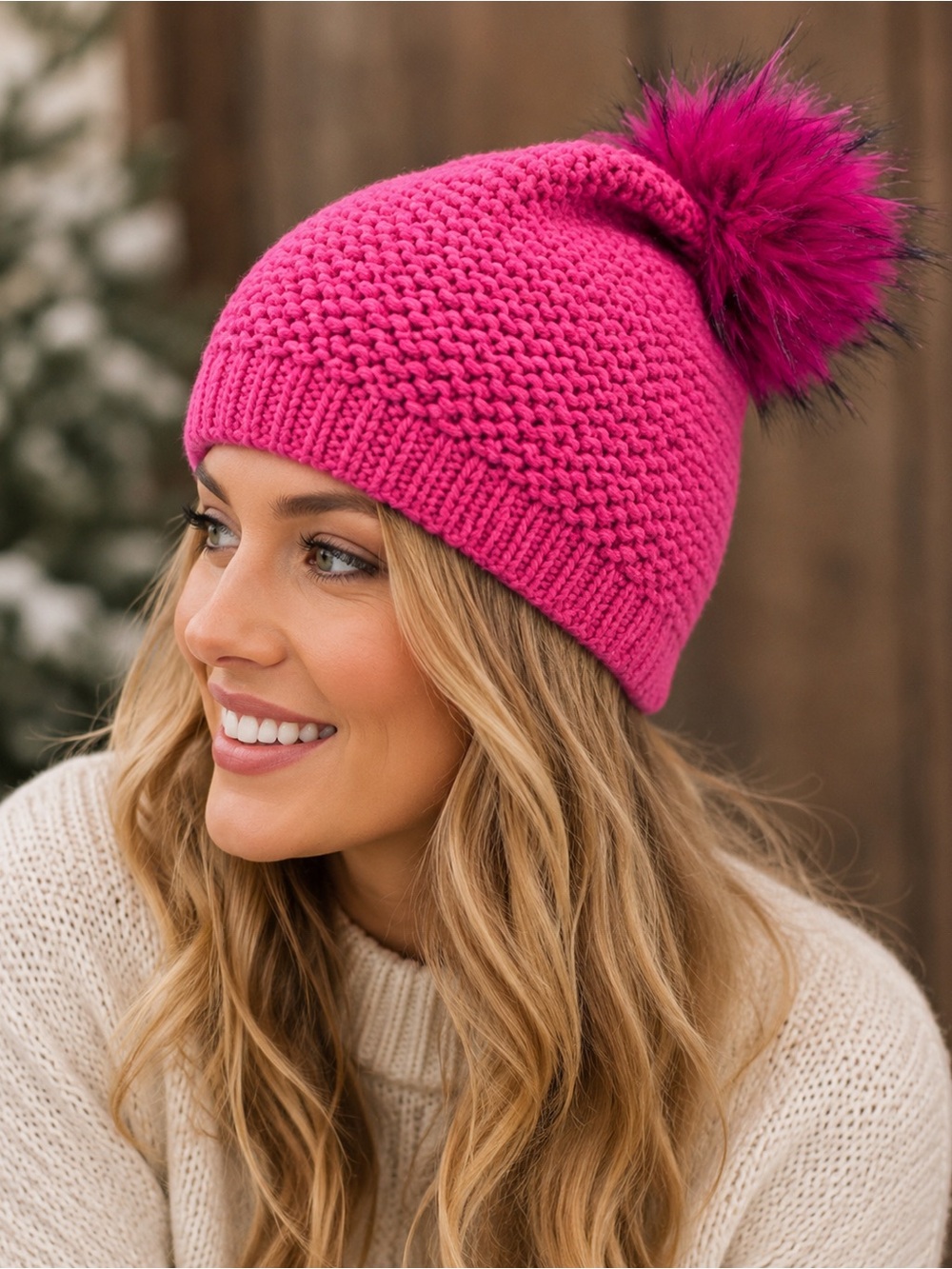New Kyi Kyi Womens Pink Fuschia Beanie Faux Fur Pom Pom
